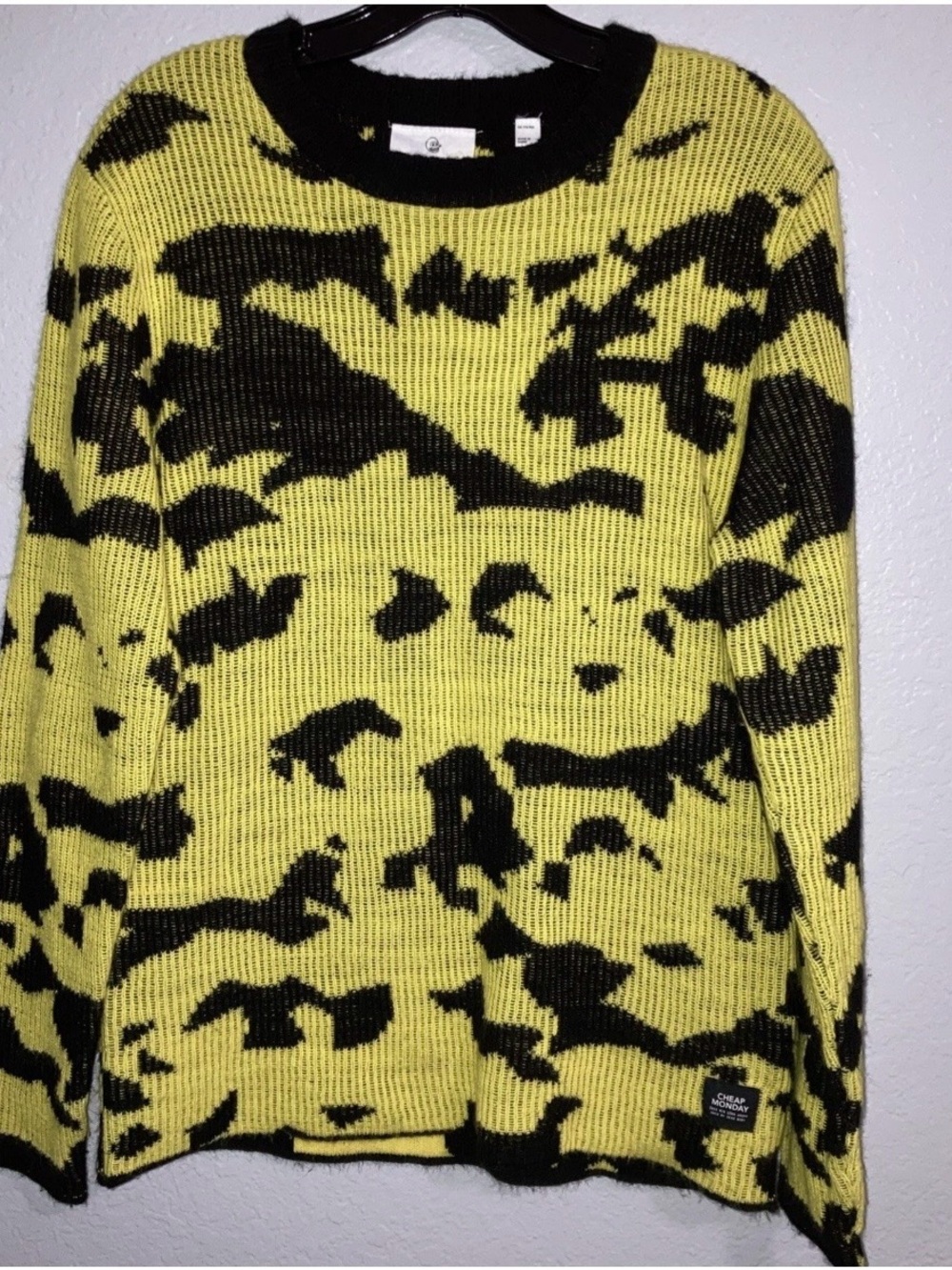 RARE Cheap Monday Moe Knit Easy Invader Graphic Print Sweater Yellow Black Sz S